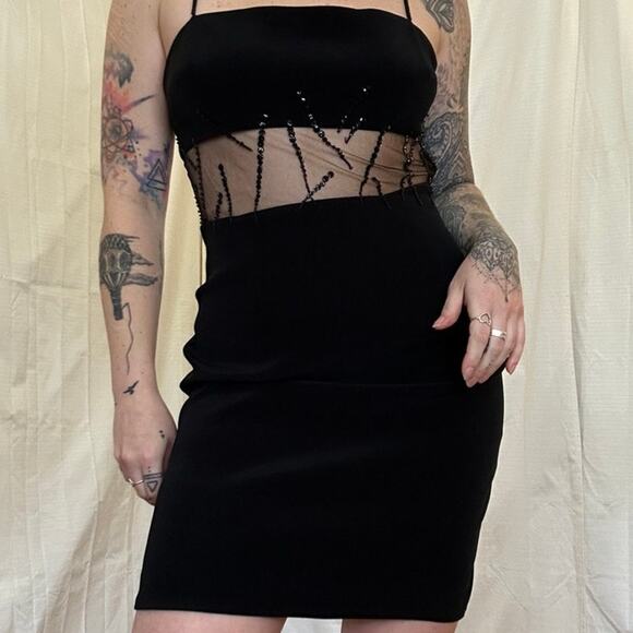 Vintage Cache Y2K Black Beaded Mesh Cutout Mini Dress - Picture 1 of 7